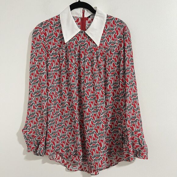 Zara Woman Zebra Print Blouse Size M Red Poplin Collar School Preppy Artsy Top - Picture 2 of 8